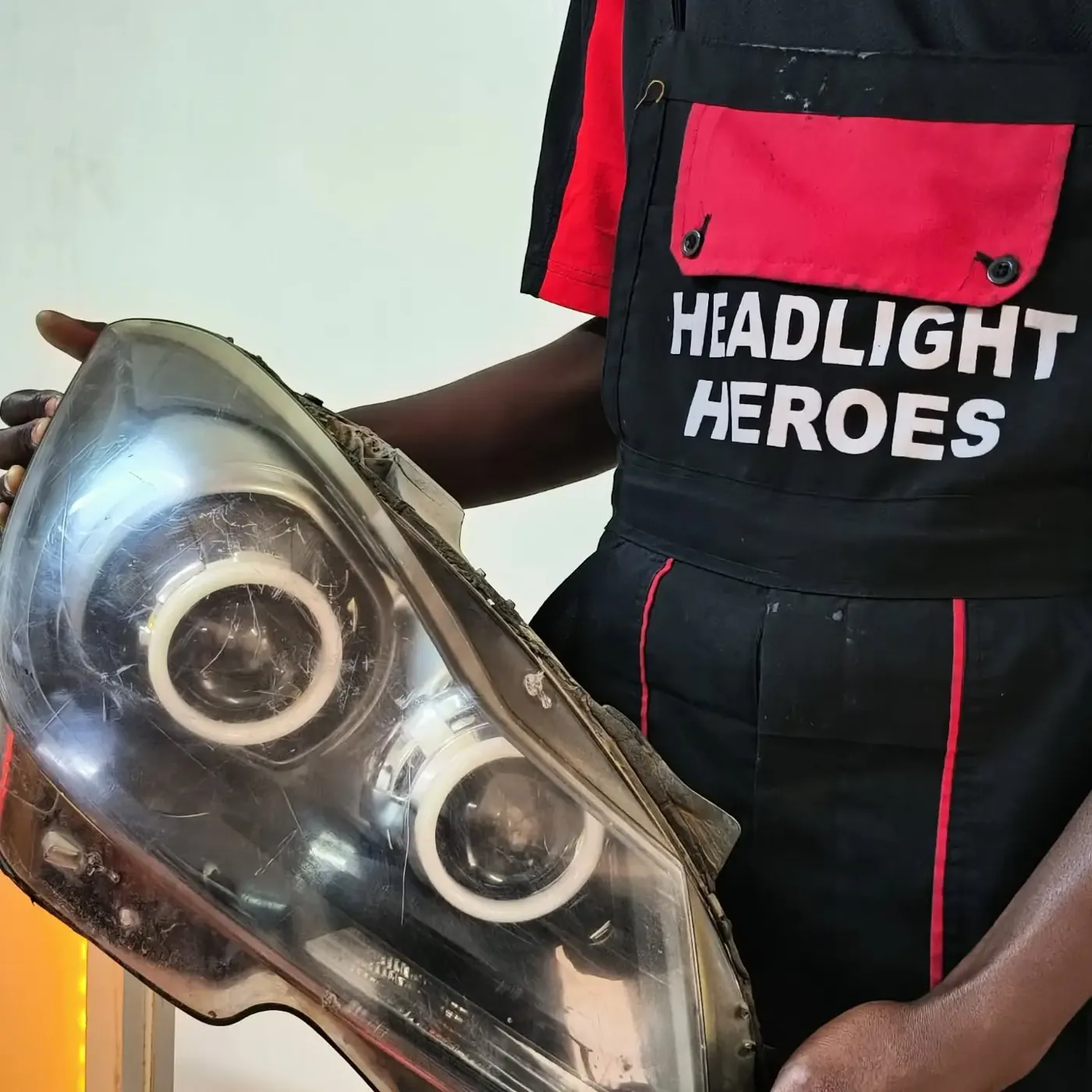Headlight Heroes technician holding a headlight unit removed for work